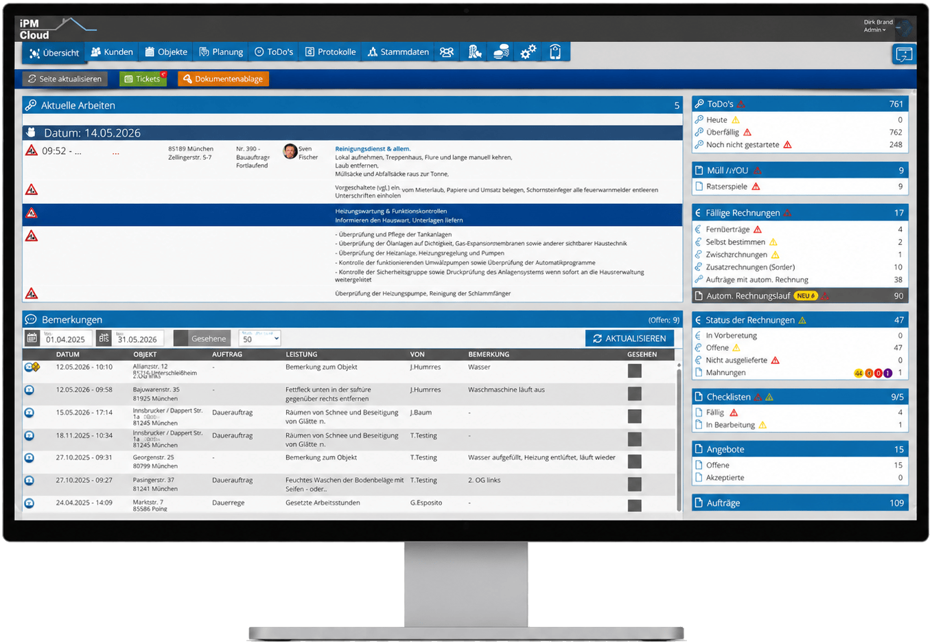 iPM-Cloud Übersicht im Büro: Aufträge, Fälligkeiten, Rechnungen und Checklisten auf einem Dashboard-Monitor